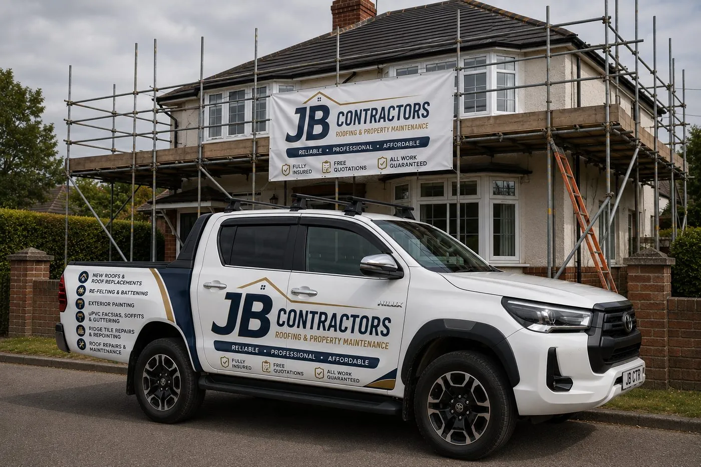 Mevagissey Roofing pickup truck on site at a scaffolded roofing job in Mevagissey